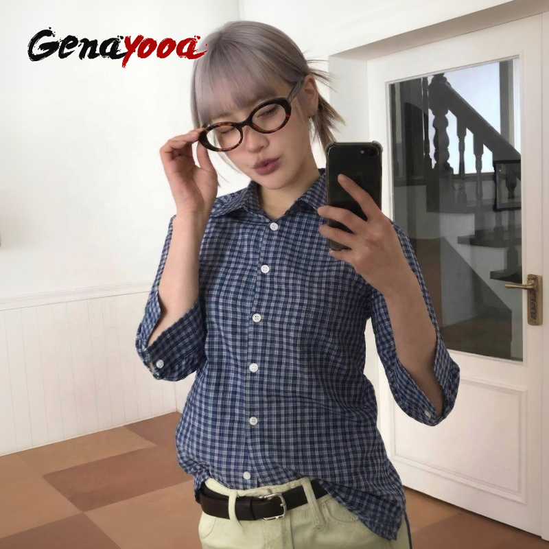 Street Fashion In Japan - Genayooa Y2k Plaid Shirt Women Three