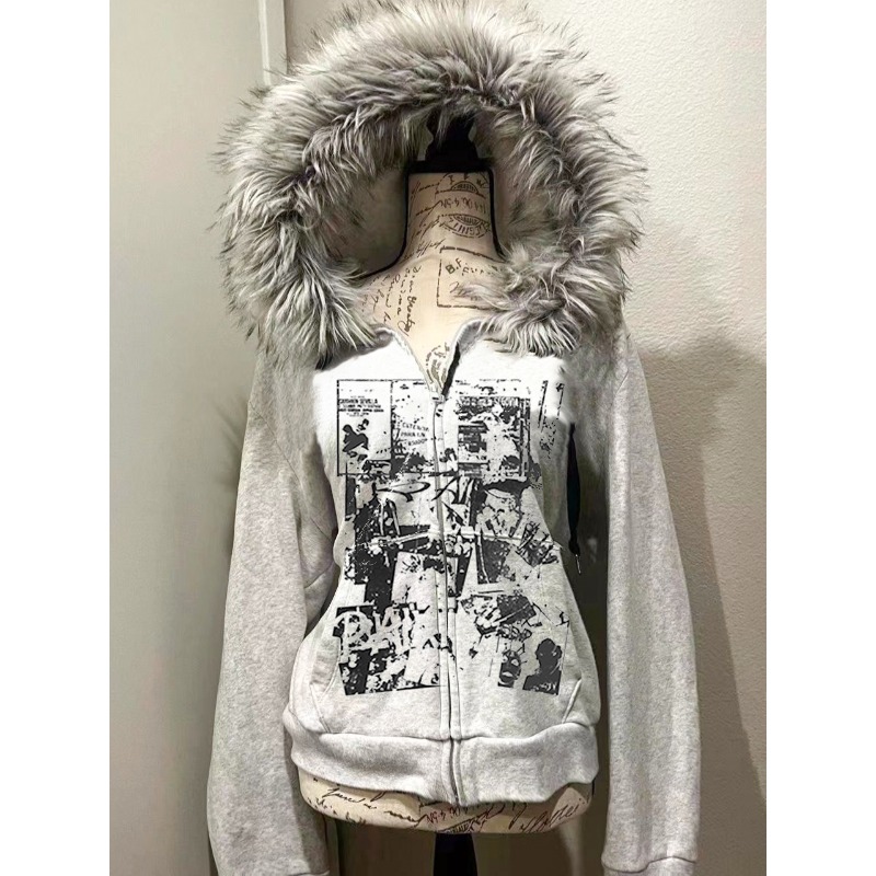 Grey Faux Fur Wool Double Zipp - Street Fashion Zip Up Hoodie review and price