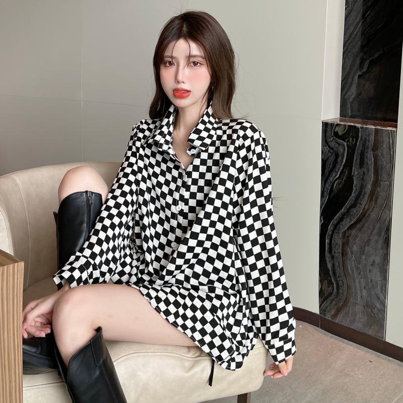 Polo Neck Plaid Button Loose H - Street Fashion Youth review and price