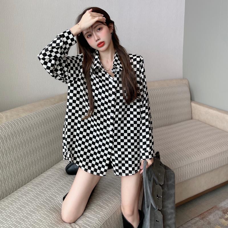 Polo Neck Plaid Button Loose H - Street Fashion Youth review and price