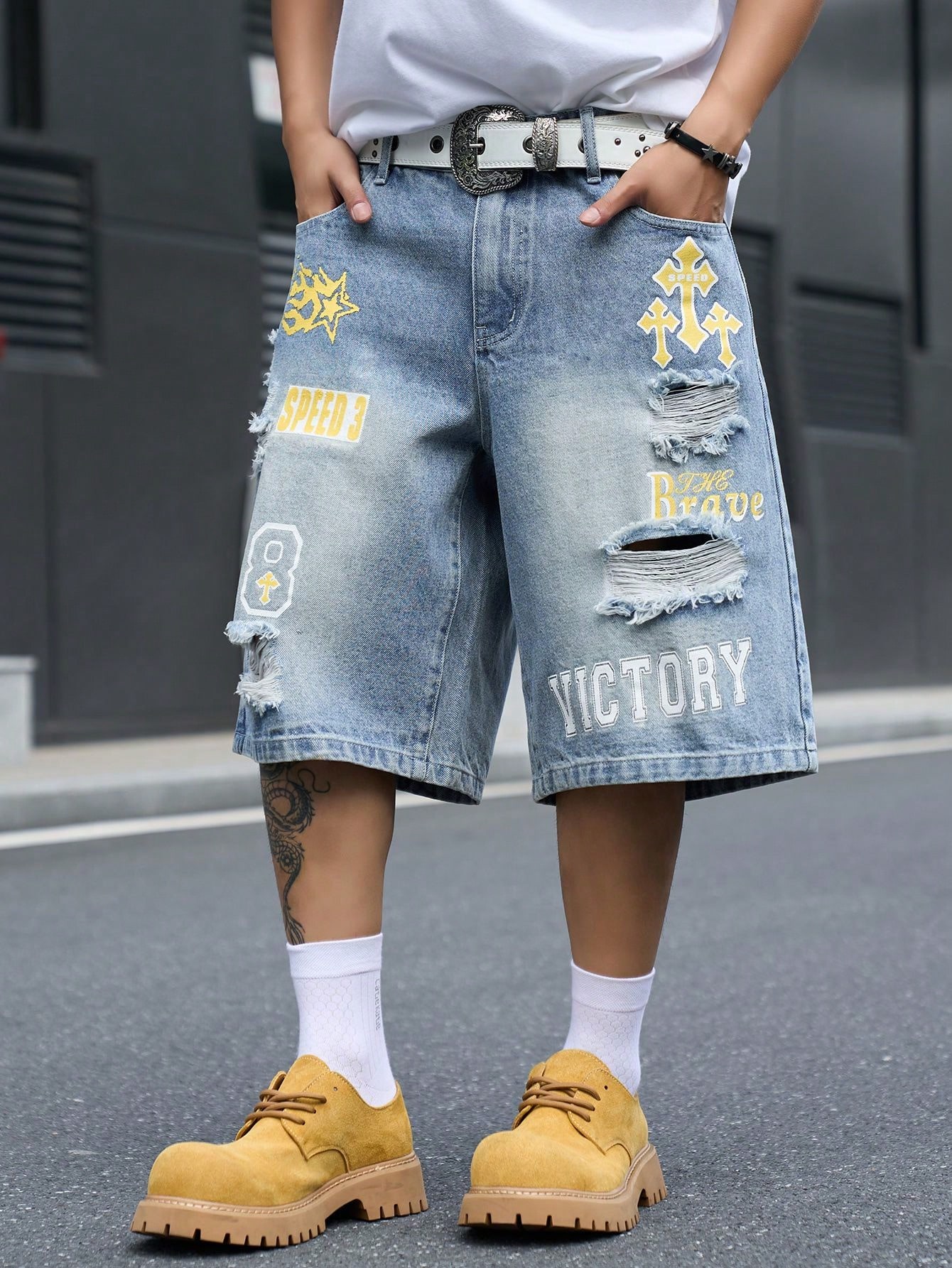 Men's Loose Fit Denim Bermuda  - Street Fashion Hip Hop review and price