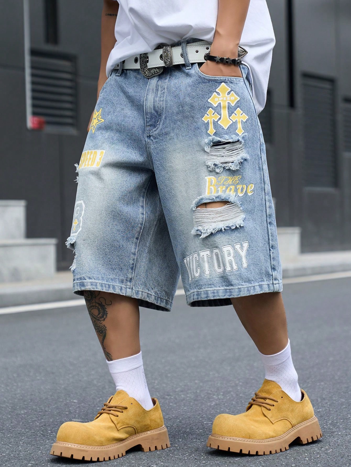Men's Loose Fit Denim Bermuda  - Street Fashion Hip Hop review and price