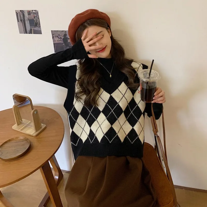 Sweater Vests Women Argyle Har - Street Fashion Japan review and price